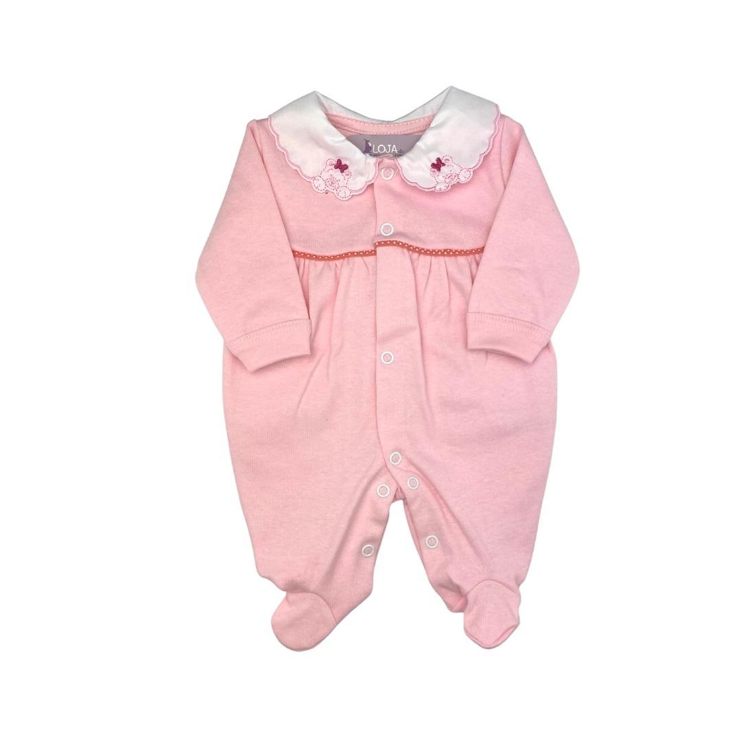 MACACÃO PREMATURO COM PESINHO ROSA Macacão Prematuro Com Pé E Gola Bordada Rosa - Imagem 1