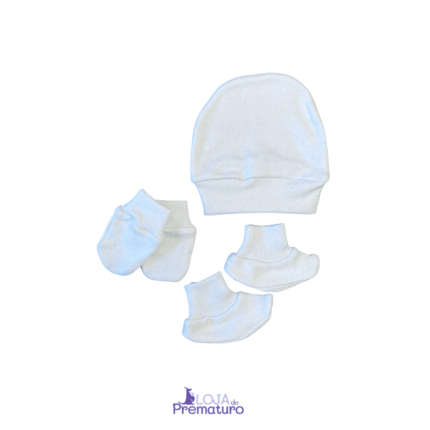 Kit Prematuro Gorro Luvas e Pantufa Suedine Branco
