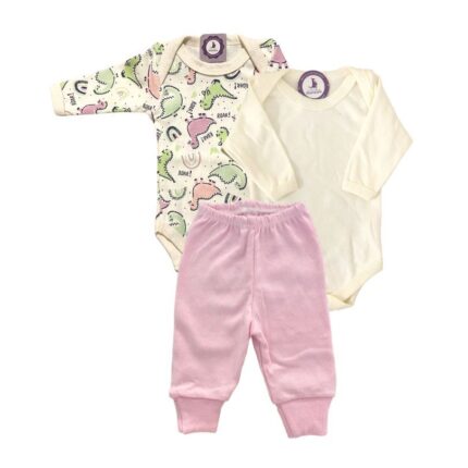 Kit Prematuro 2 Bodies e 1 Culote 100% Algodão Bege e Rosa Dino