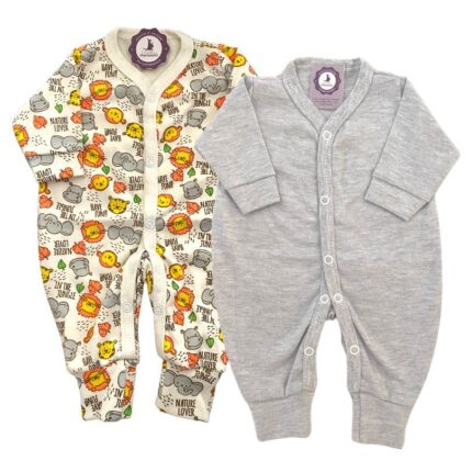 Kit Macacão Prematuro Botão Pé Reversível 2 Peças Leão Bege e Cinza