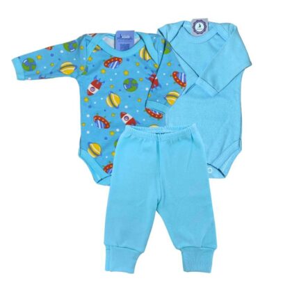 Kit Prematuro 2 Bodies e 1 Culote 100% Algodão Space Azul Bebê