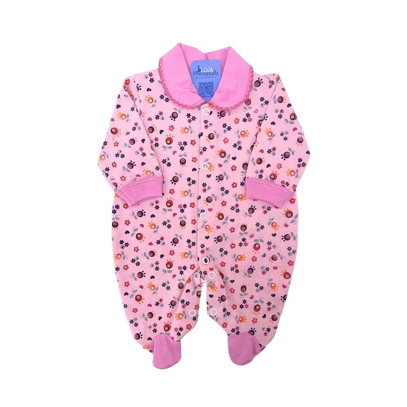 macacão-prematuro-menina-com-pezinho-fechamento-botão-para-bebe-prematuro (6) Macacão Prematuro Floral Com Pé Gola Rosa Chiclete - Imagem 1