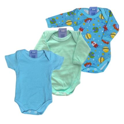 Kit Prematuro 3 Peças Body 100% Algodão Manga Curta E Longa Masculino Azul Verde