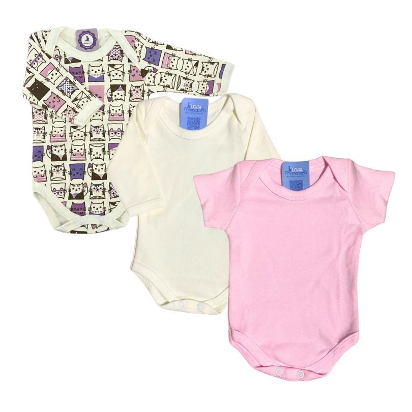 Kit-3-bodies-prematuro-roupa-para-bebe-prematuro-loja-do-prematuro Kit Prematuro 3 Peças Body 100% Algodão Manga Curta E Longa Feminino Bege Rosa - Imagem 1