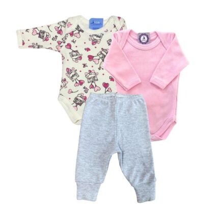 Kit Prematuro 2 Bodies e 1 Culote 100% Algodão Gatinhas Bege Rosa Cinza