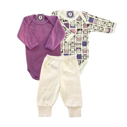 Kit Prematuro 2 Bodies e 1 Culote 100% Algodão Roxo Bege