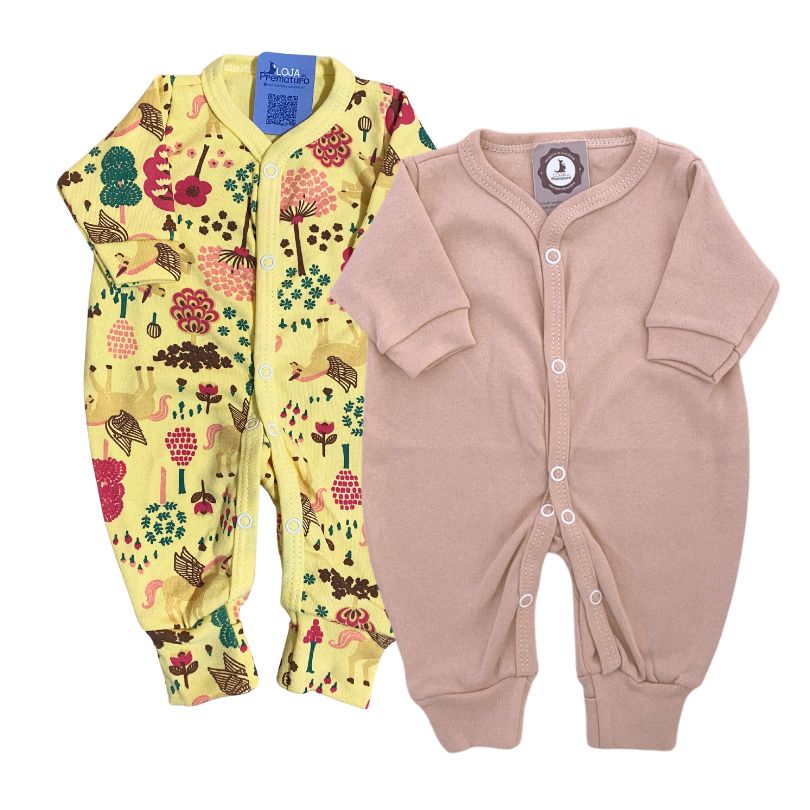 Kit-macacão-prematuro-roupa-para-bebe-prematuro-loja-do-prematuro-amarelo Kit Macacão Prematuro Botão Pé Reversível 2 Peças Jardim Amarelo e Rosa - Imagem 1