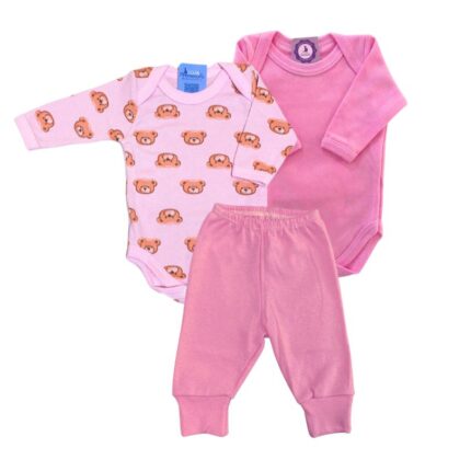 Kit Prematuro 2 Bodies e 1 Culote 100% Algodão Urso Rosa