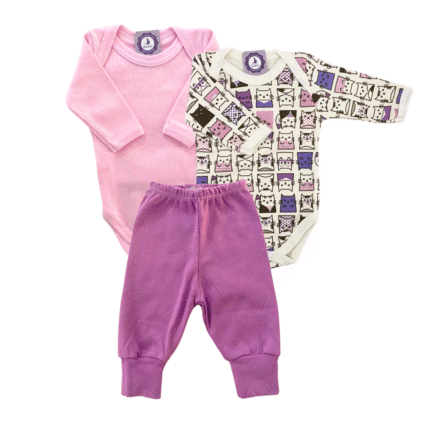 Kit Prematuro 2 Bodies e 1 Culote 100% Algodão Gatinho Rosa Roxo