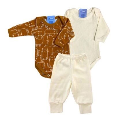 Kit Prematuro 2 Bodies e 1 Culote 100% Algodão Gato Caramelo Bege