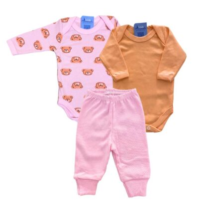 Kit Prematuro 2 Bodies e 1 Culote 100% Algodão Urso Rosa Laranja