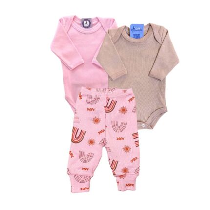 Kit Prematuro 2 Bodies e 1 Culote 100% Algodão Arco-Íris Rosa e Rosê