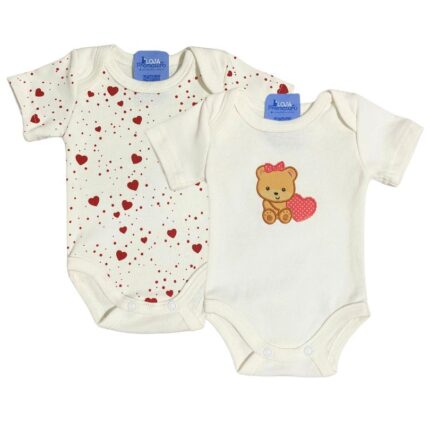 Kit Prematuro 2 Bodies Verão Manga Curta 100% Algodão Ursinha Off White