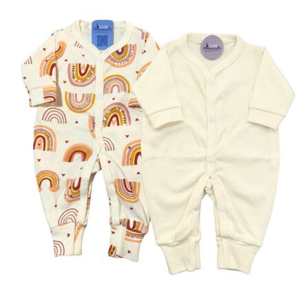 Kit Macacão Prematuro Botão Pé Reversível 2 Peças Arco-Íris Bege