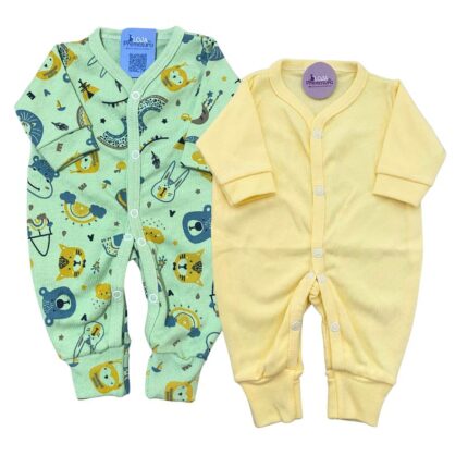 Kit Macacão Prematuro Botão Pé Reversível 2 Peças Selva Verde e Amarelo