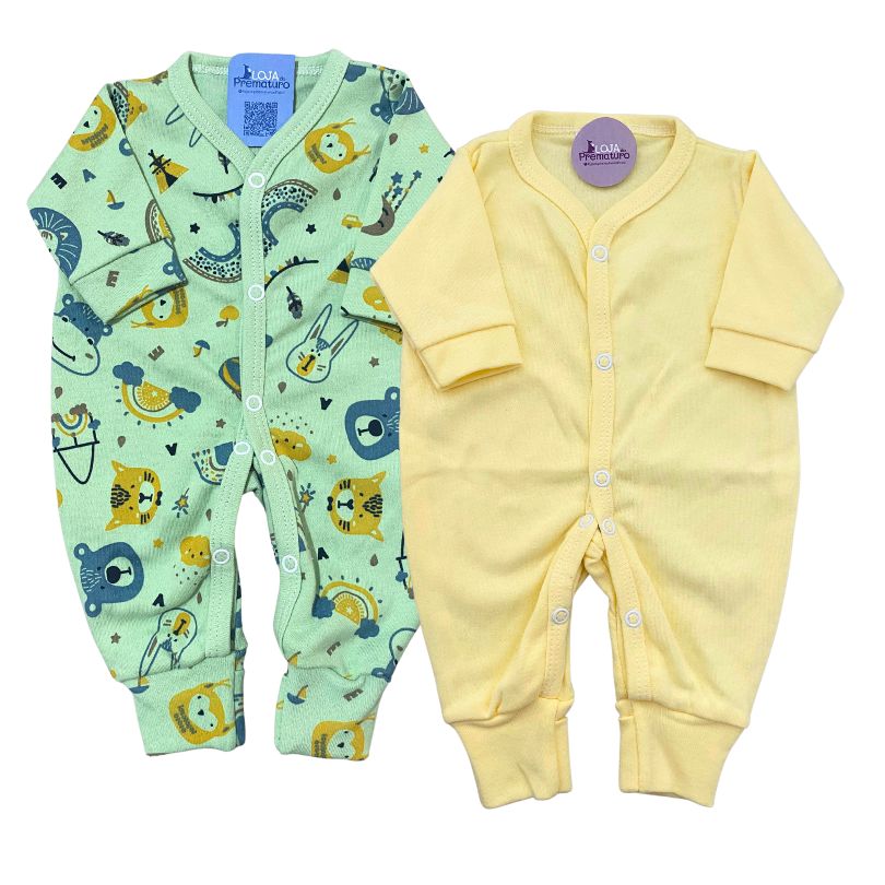 kit-macacao-prematuro-roupa-para-bebe-prematuro-loja-do-prematuro (7) Kit Macacão Prematuro Botão Pé Reversível 2 Peças Selva Verde e Amarelo - Imagem 1
