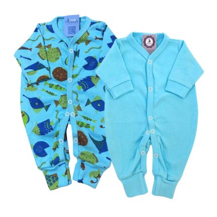 Kit Macacão Prematuro Botão Pé Reversível 2 Peças Peixinhos Azul Bebê
