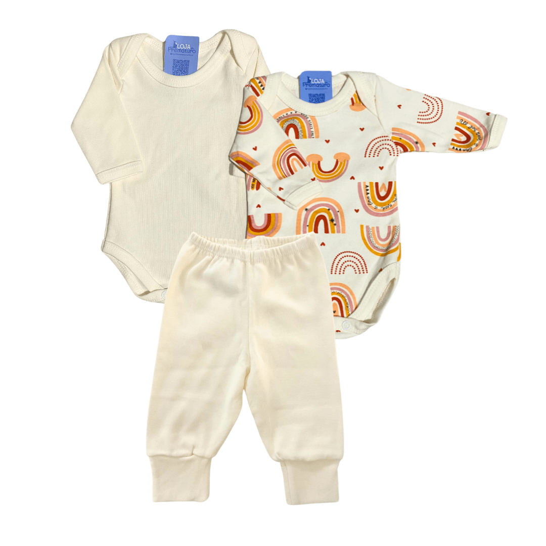 39 Kit Prematuro 2 Bodies e 1 Culote 100% Algodão Arco-Íris Bege - Imagem 1