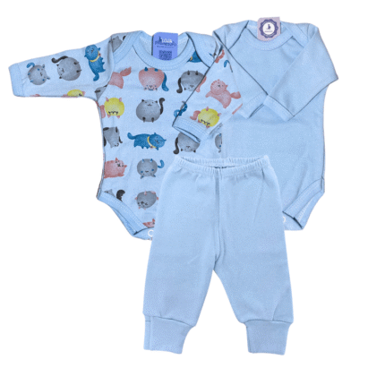 Kit Prematuro 2 Bodies e 1 Culote 100% Algodão Gatos Azul