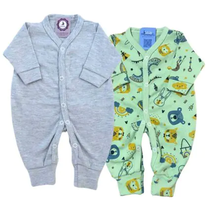 Kit Macacão Prematuro Botão Pé Reversível 2 Peças Selva Verde Cinza