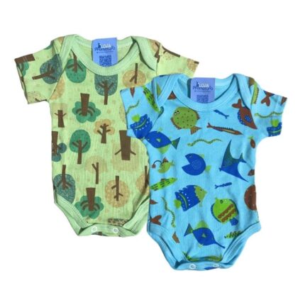 Kit Prematuro 2 Bodies Verão Manga Curta 100% Algodão Estampado Verde e Azul