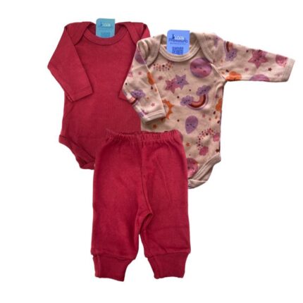 Kit Prematuro 2 Bodies e 1 Culote 100% Algodão Planetas Rosê e Vermelho