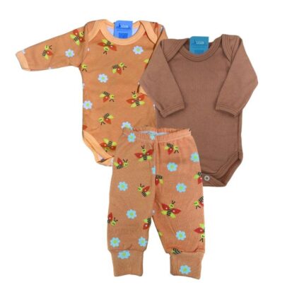 Kit Prematuro 2 Bodies e 1 Culote 100% Algodão Abelhinha Laranja e Marrom