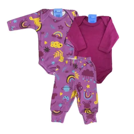 Kit Prematuro 2 Bodies e 1 Culote 100% Algodão Céu Roxo e Rosa Pink