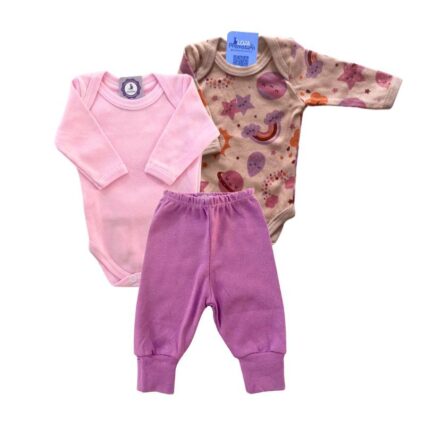 Kit Prematuro 2 Bodies e 1 Culote 100% Algodão Planetas Roxo e Rosa