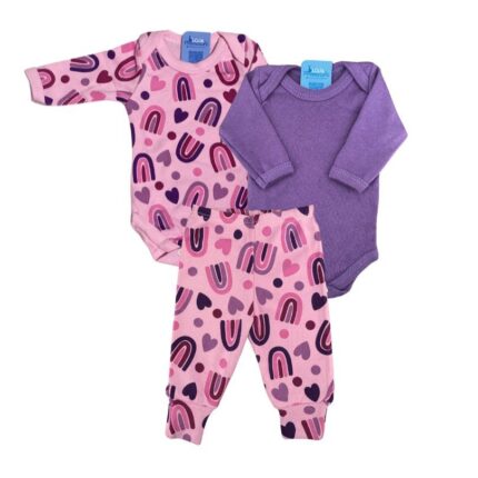 Kit Prematuro 2 Bodies e 1 Culote 100% Algodão Arco-Íris Rosa e Roxo