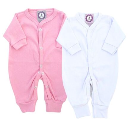 Kit Macacão Prematuro Botão Pé Reversível 2 Peças Liso Rosa e Branco