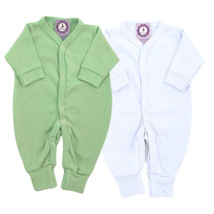 Kit Macacão Prematuro Botão Pé Reversível 2 Peças Liso Verde e Branco