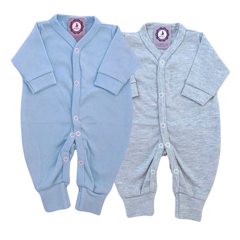 Kit-macacao-prematuro-roupa-para-bebe-prematuro-loja-do-prematuro (4) Kit Macacão Prematuro Botão Pé Reversível 2 Peças Liso Azul e Cinza Mescla - Imagem 1