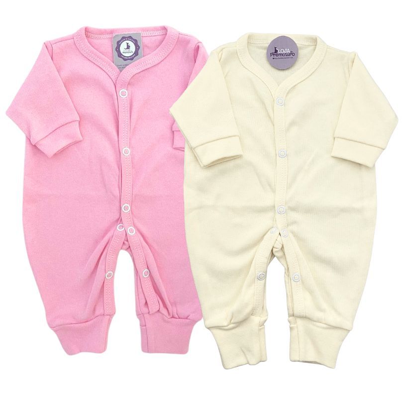 Kit-macacao-prematuro-roupa-para-bebe-prematuro-loja-do-prematuro Kit Macacão Prematuro Botão Pé Reversível 2 Peças Liso Rosa e Bege - Imagem 1