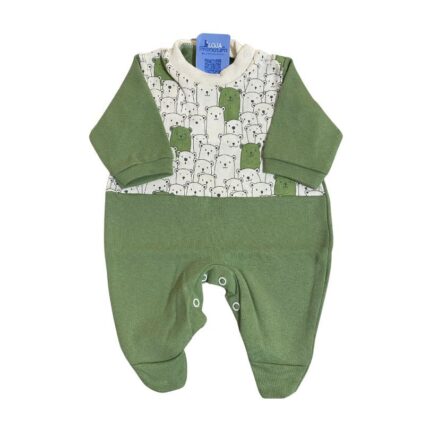Macacão Prematuro Suedine Com Pé Masculino Urso Verde