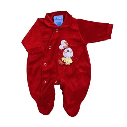 Macacão Prematuro Plush Com Pé Feminino Coelhinha Vermelho