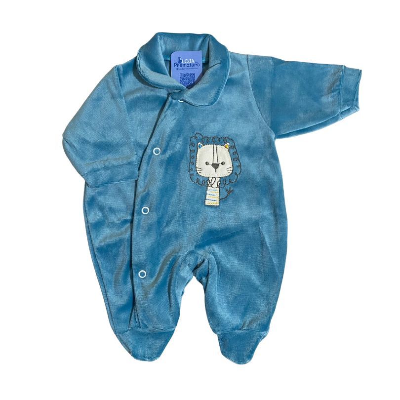 macacão-prematuro-para-bebe-prematuro-plush Macacão Prematuro Plush Com Pé Masculino Leão Azul Petróleo - Imagem 1