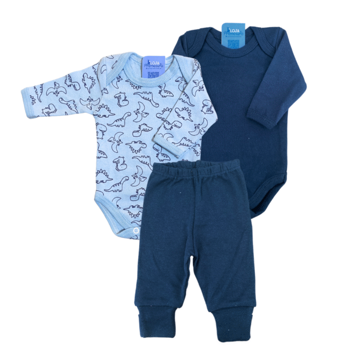 Kit Prematuro 2 Bodies e 1 Culote 100% Algodão Dino Azul Marinho - Imagem 1