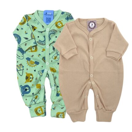 Kit Macacão Prematuro Botão Pé Reversível 2 Peças Selva Verde Caramelo